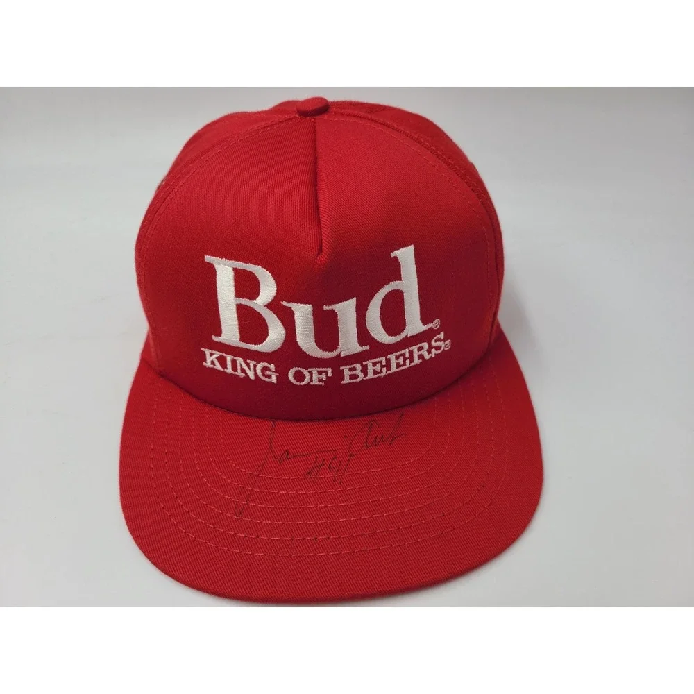 Vintage Budweiser Bud King of Beers Signed Autographed Snapback Hat Cap Beer Red